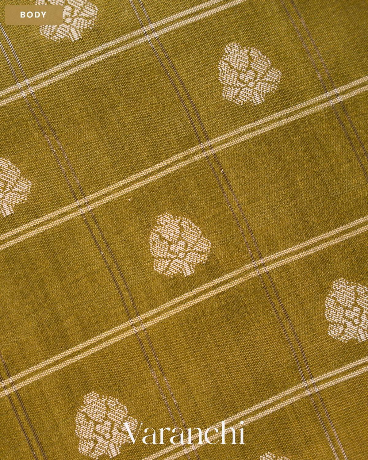 Olive Green Checkered Pure Chiniya Silk Saree — Body