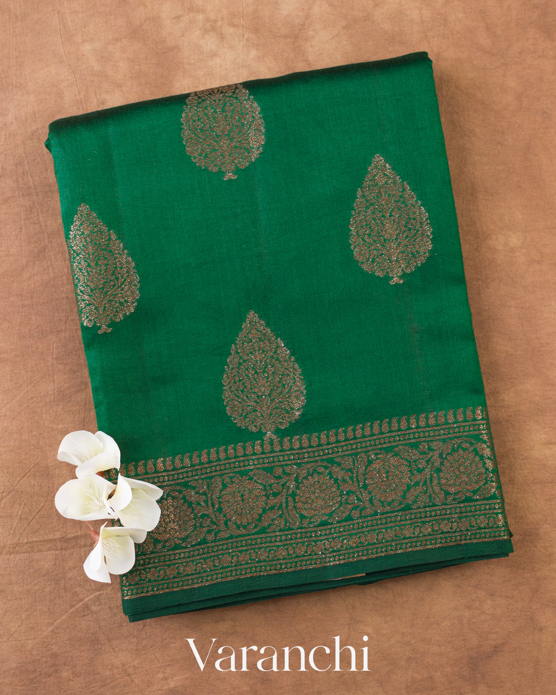 Bottle Green Pure Chiniya Silk Saree — Folded