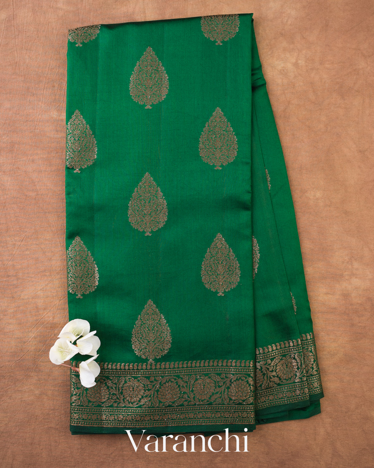 Bottle Green Pure Chiniya Silk Saree — Full Saree