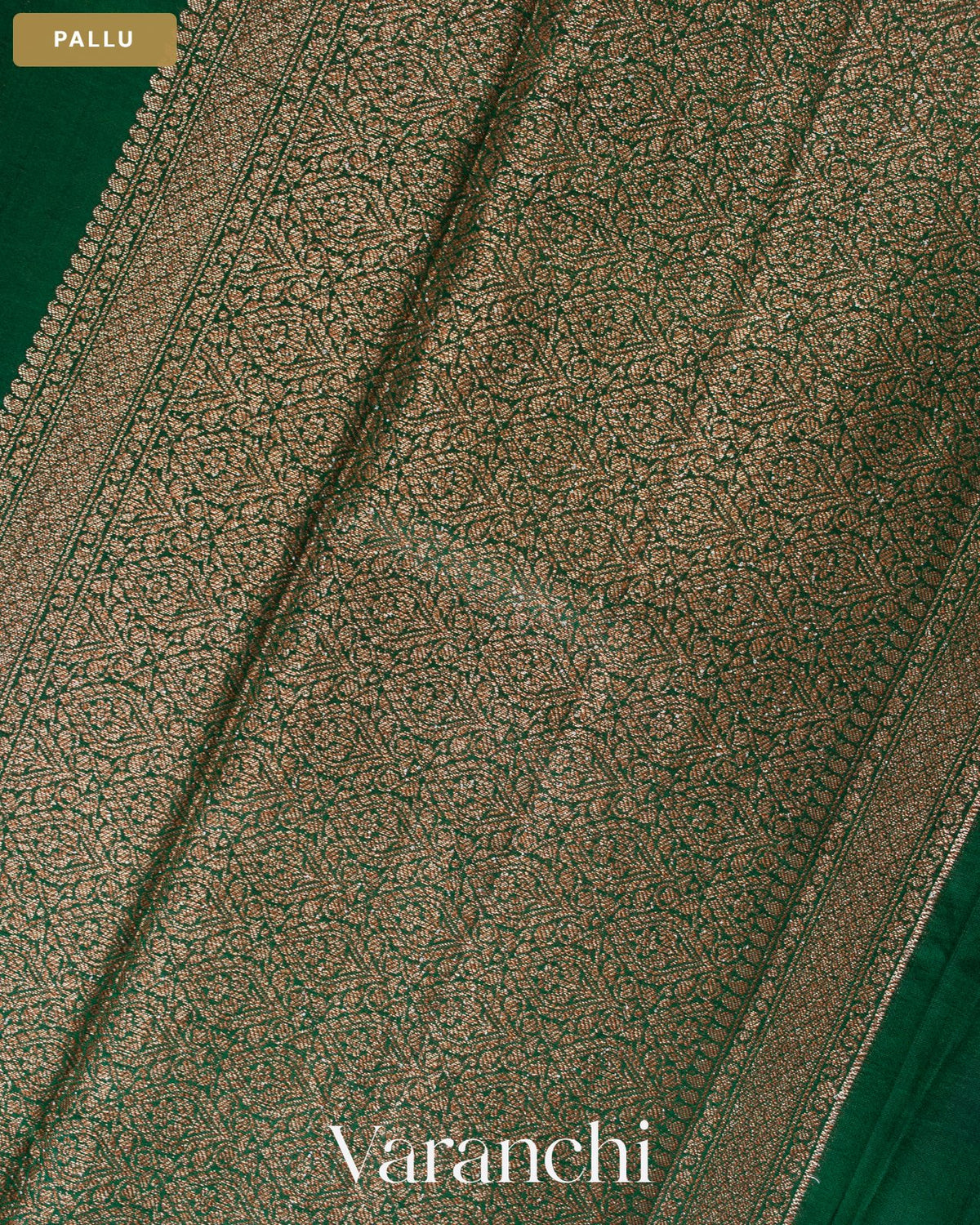 Bottle Green Pure Chiniya Silk Saree — Pallu