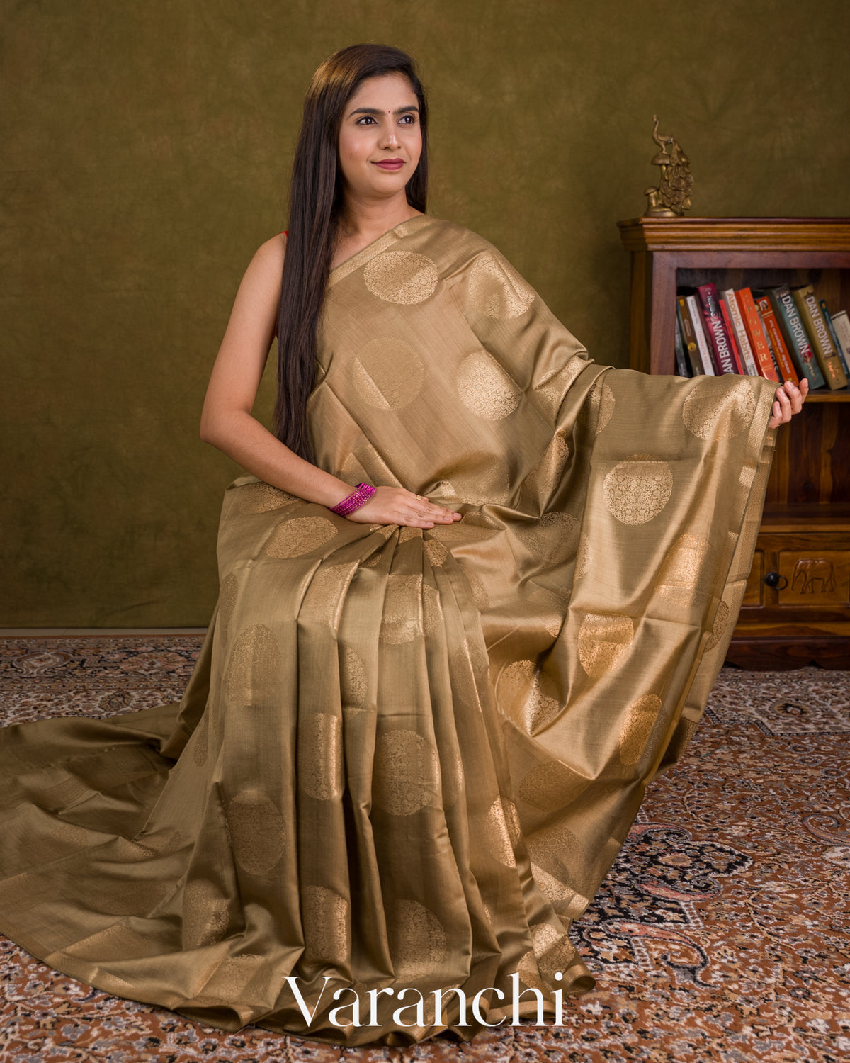 Beige Pure Chiniya Silk Saree — Draped