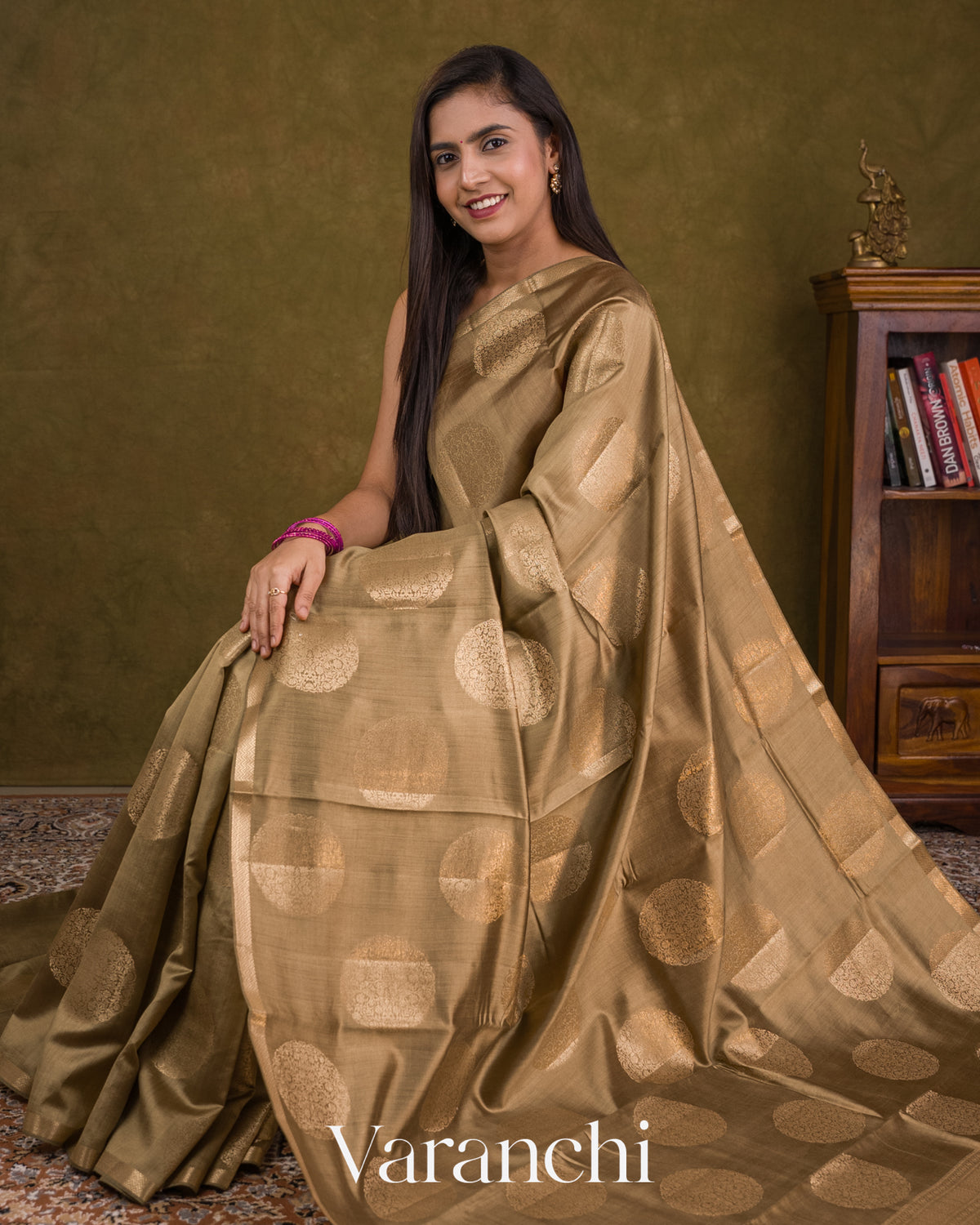 Beige Pure Chiniya Silk Saree — Draped
