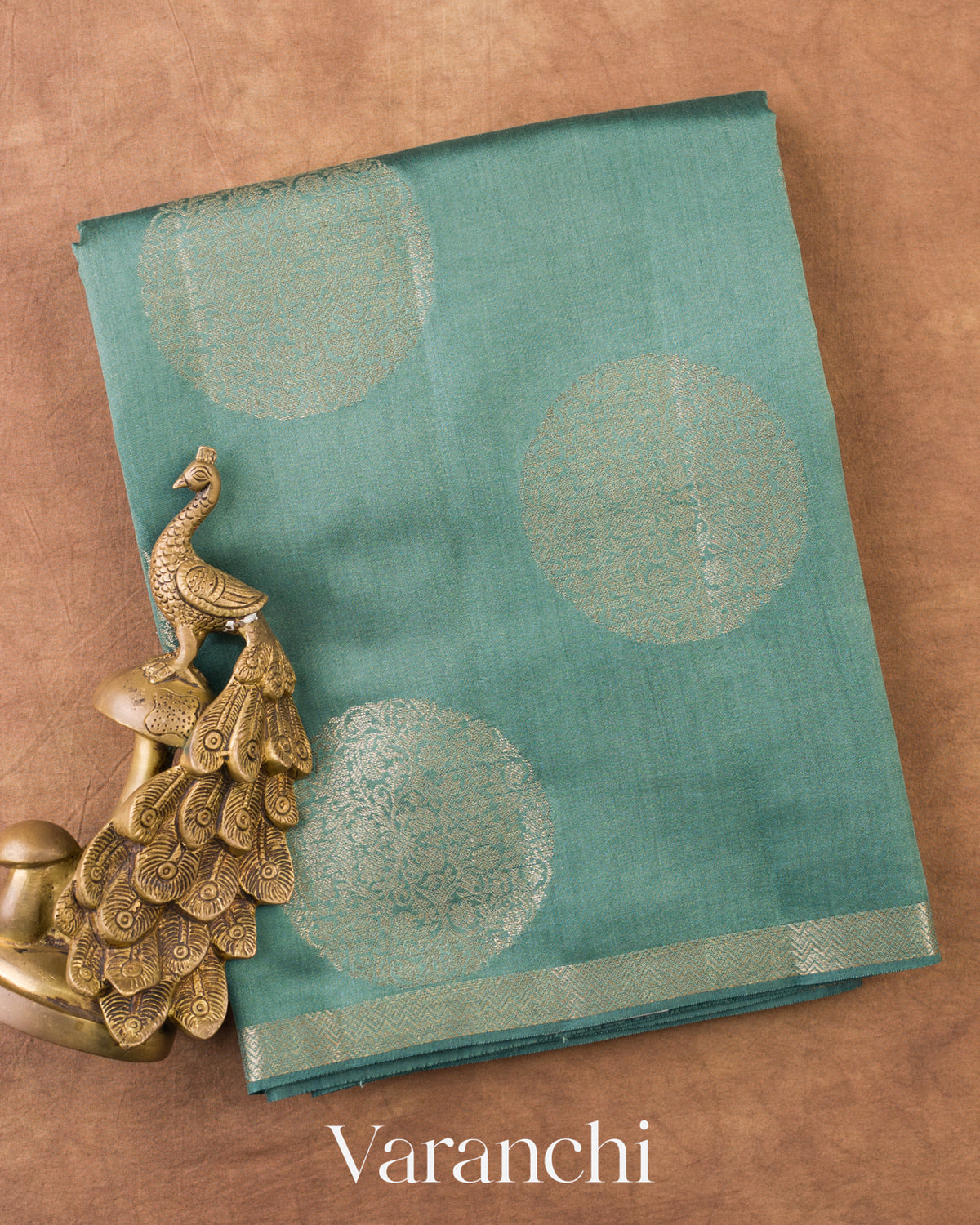 Teal Blue Pure Chiniya Silk Saree — Folded