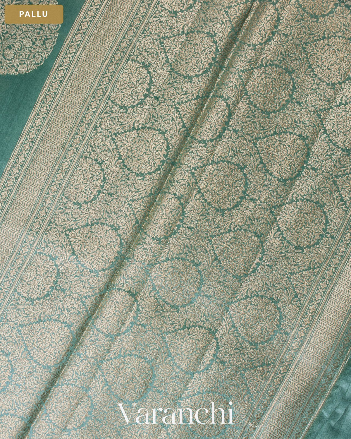 Teal Blue Pure Chiniya Silk Saree — Pallu