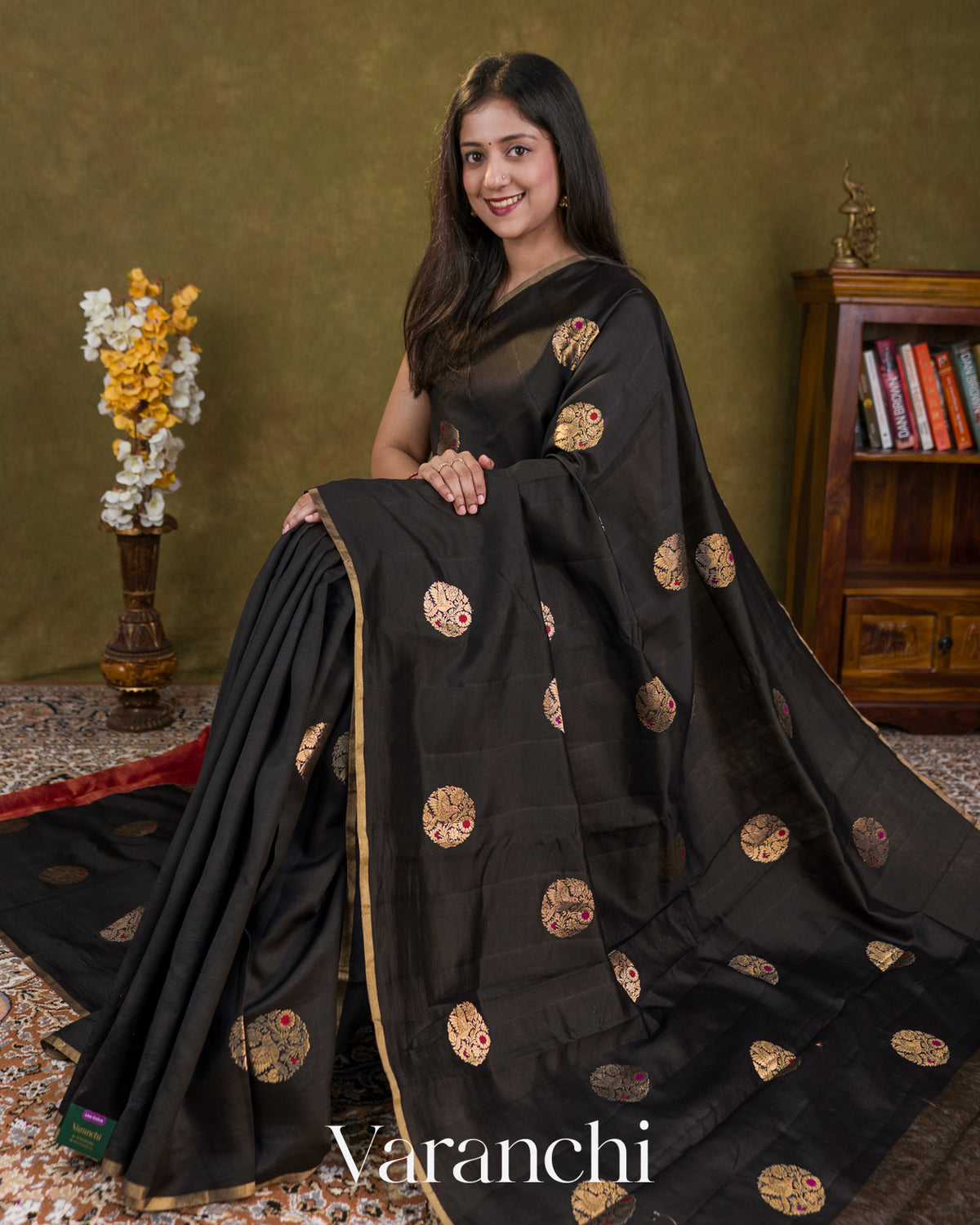 Black Pure Chiniya Silk Saree — Draped