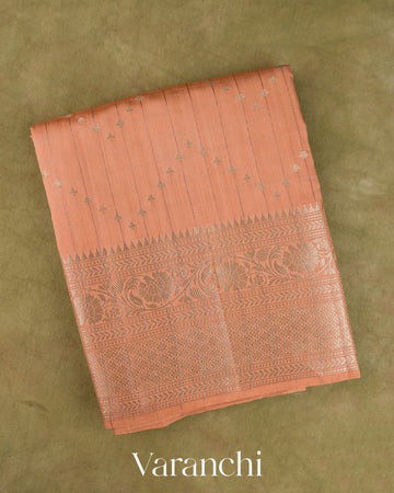Peach Checkered Pure Chiniya Silk Saree — Folded