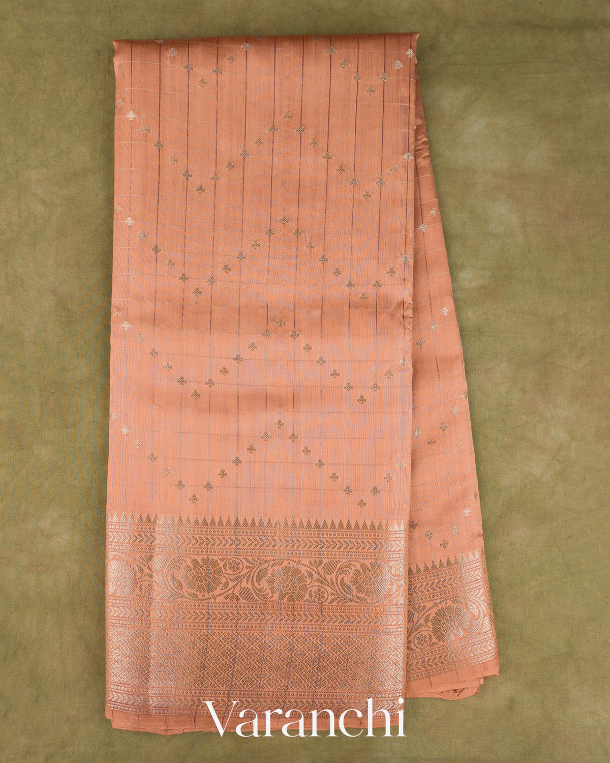 Peach Checkered Pure Chiniya Silk Saree — Full Saree