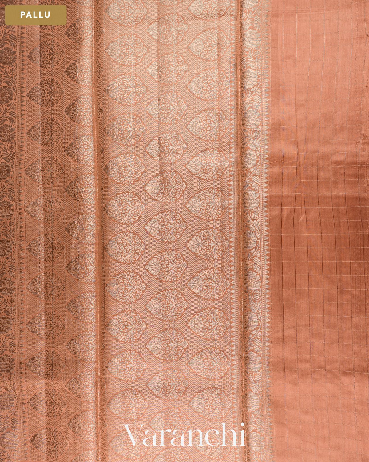 Peach Checkered Pure Chiniya Silk Saree — Pallu