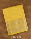 Lemon Yellow Checkered Pure Chiniya Silk Saree — Folded