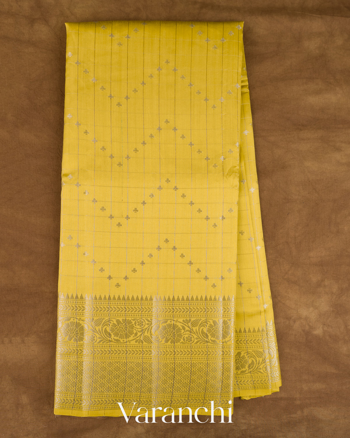 Lemon Yellow Checkered Pure Chiniya Silk Saree — Full Saree