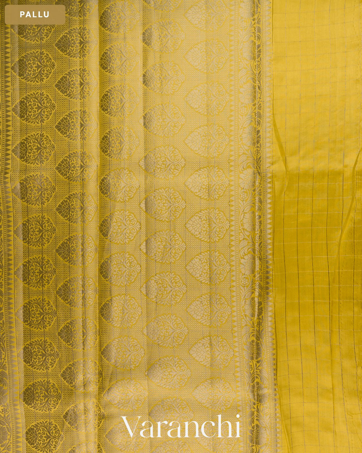 Lemon Yellow Checkered Pure Chiniya Silk Saree — Pallu