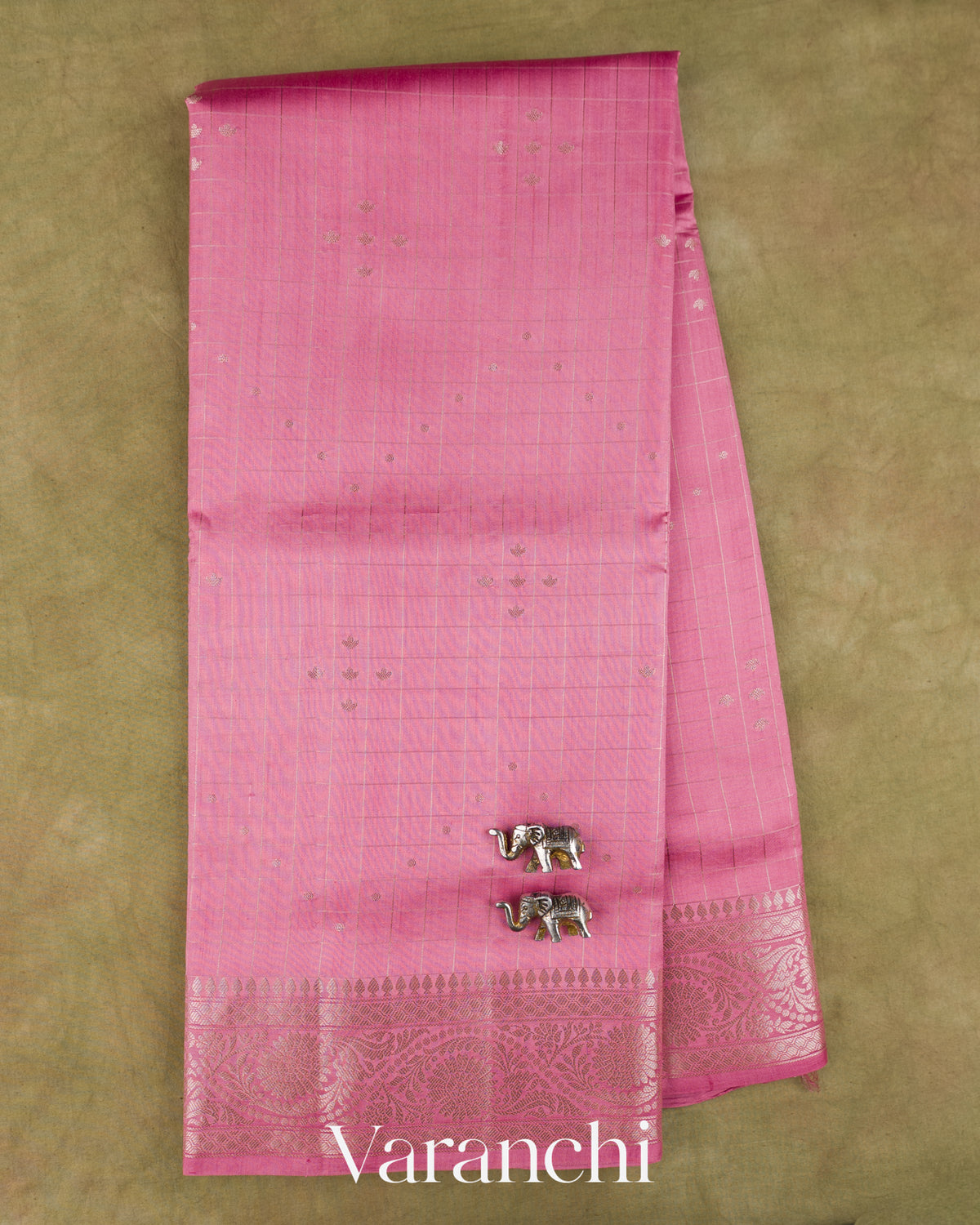 Blush Pink Checkered Pure Chiniya Silk Saree — Full Saree