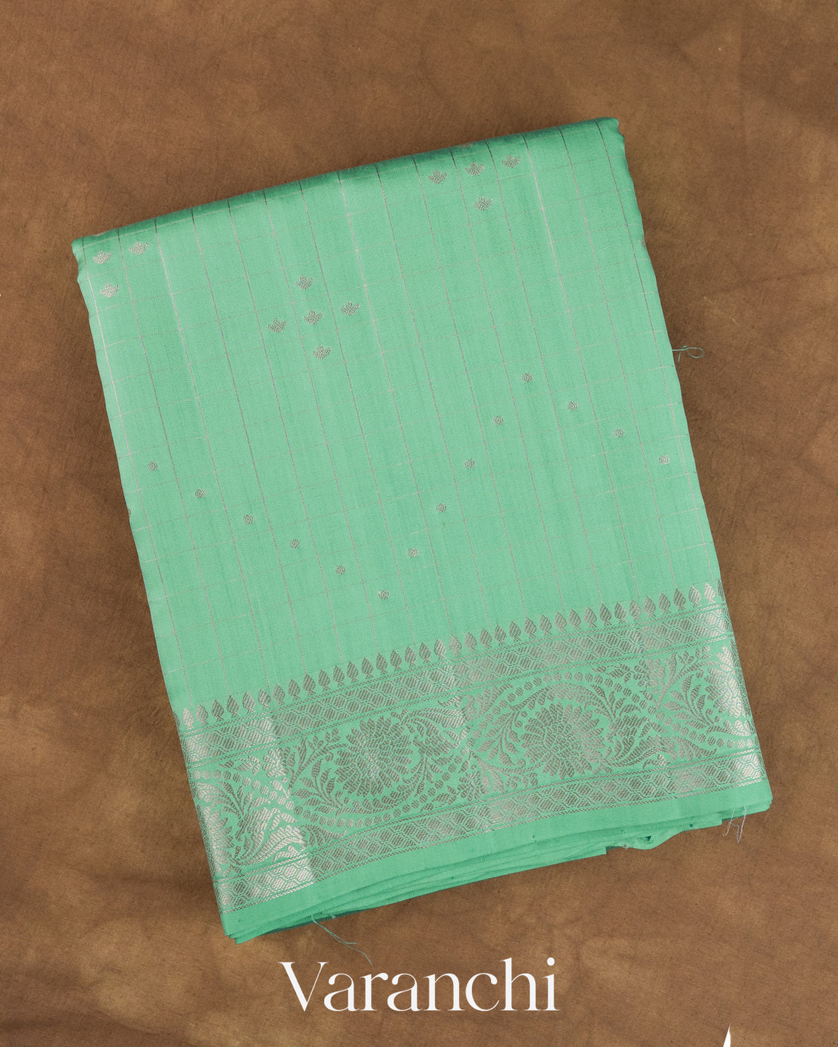 Aqua Green Checkered Pure Chiniya Silk Saree — Folded