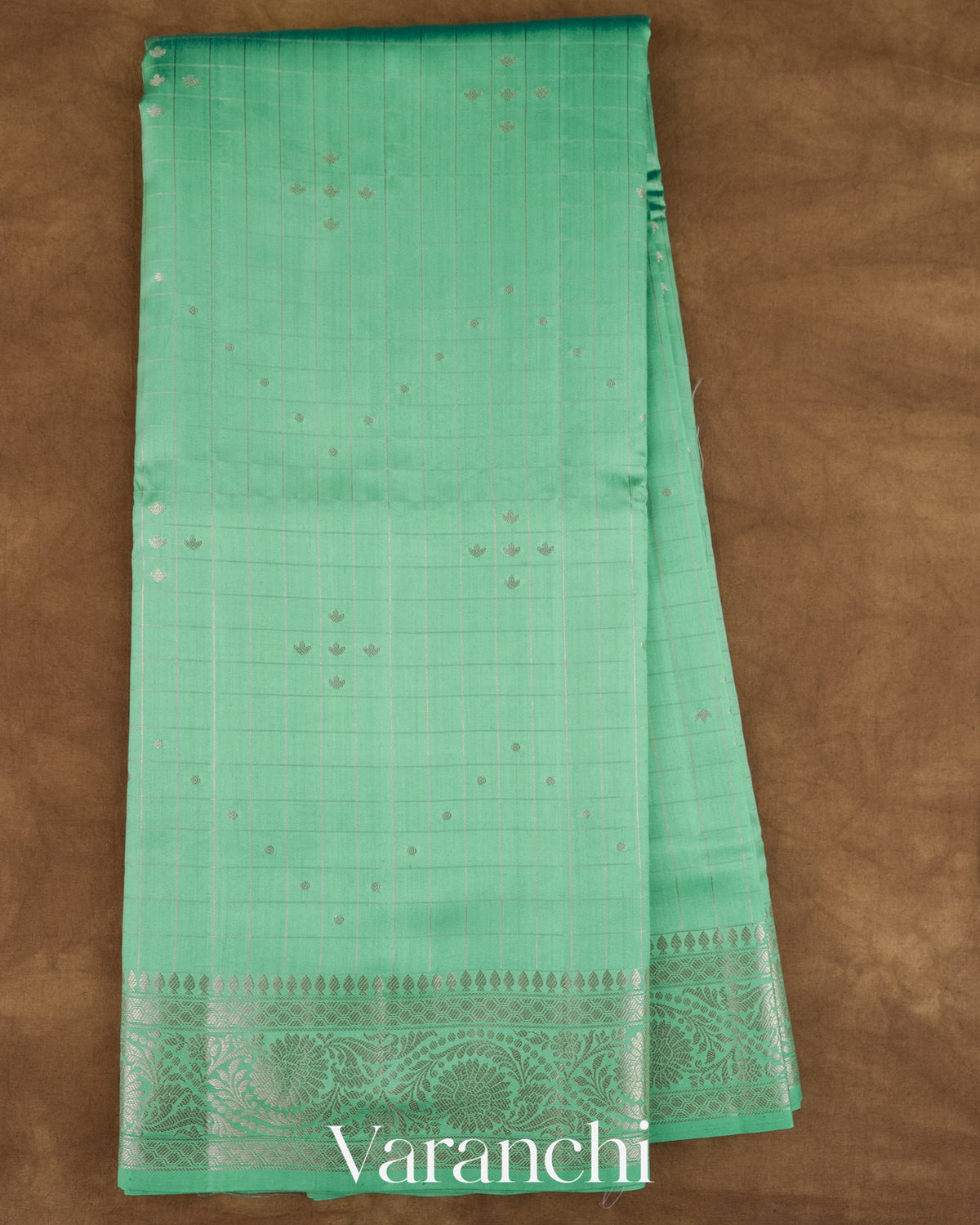 Aqua Green Checkered Pure Chiniya Silk Saree — Full Saree