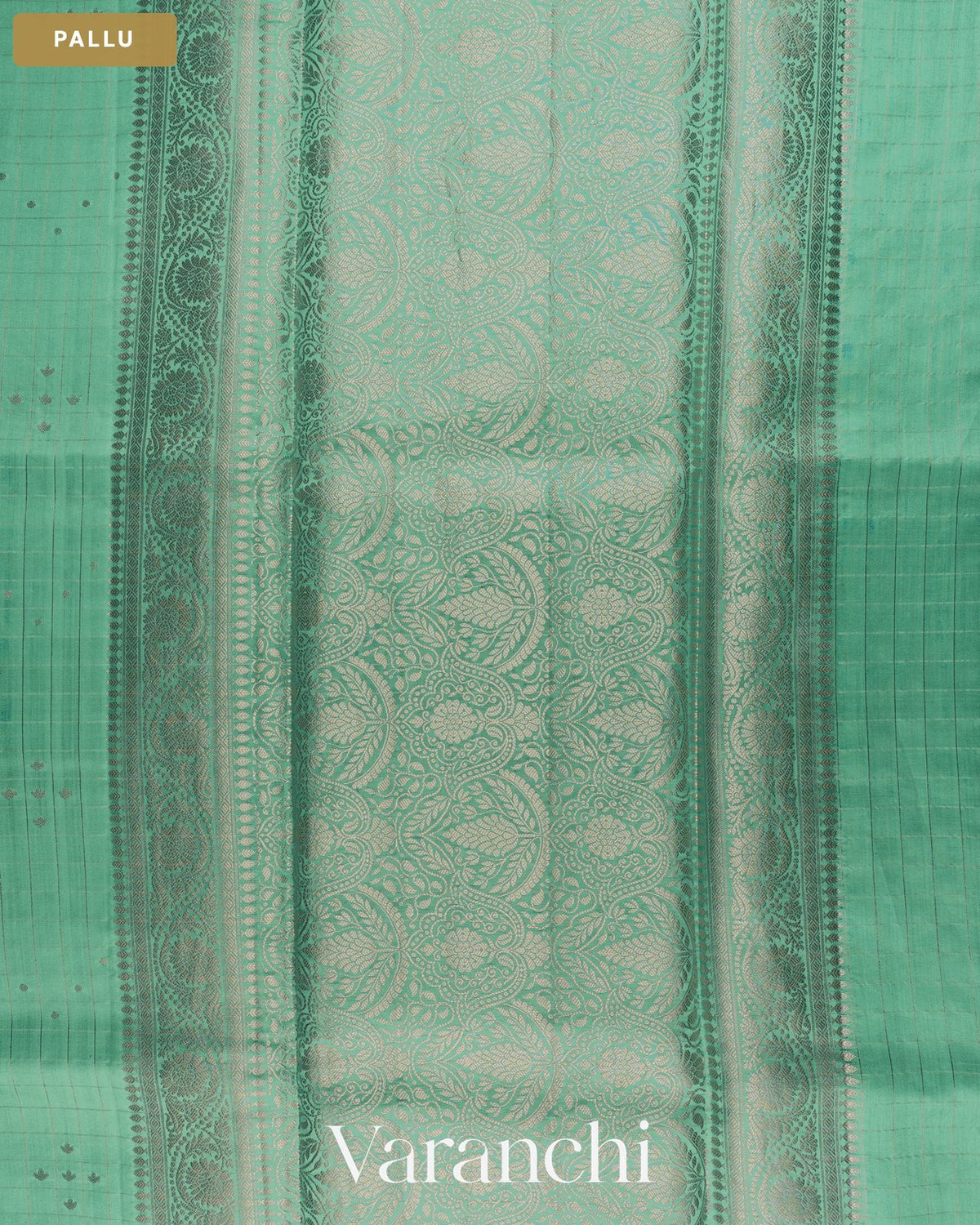 Aqua Green Checkered Pure Chiniya Silk Saree — Pallu