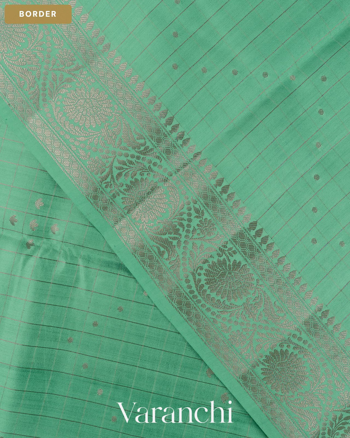 Aqua Green Checkered Pure Chiniya Silk Saree — Border