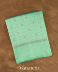 Aqua Green Checkered Pure Chiniya Silk Saree — Folded