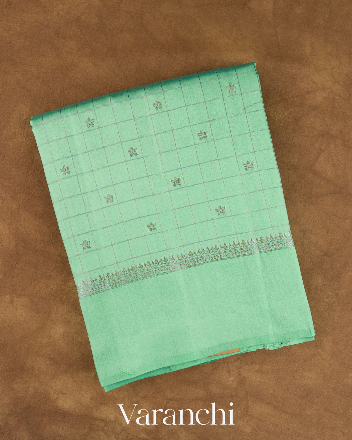 Aqua Green Checkered Pure Chiniya Silk Saree — Folded