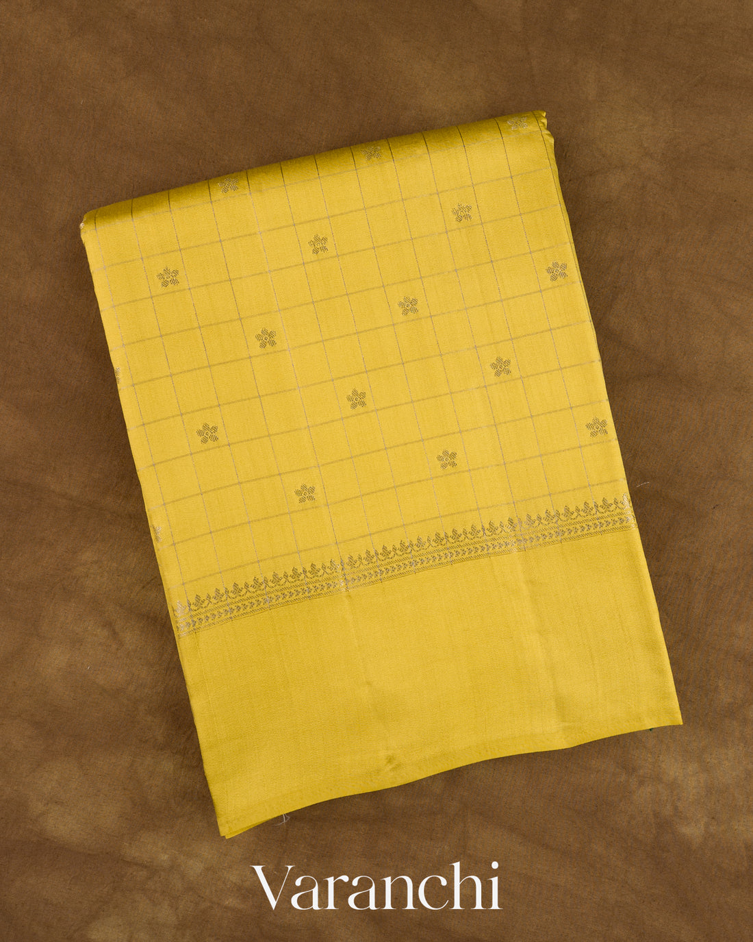 Olive Yellow Checkered Pure Chiniya Silk Saree — Folded