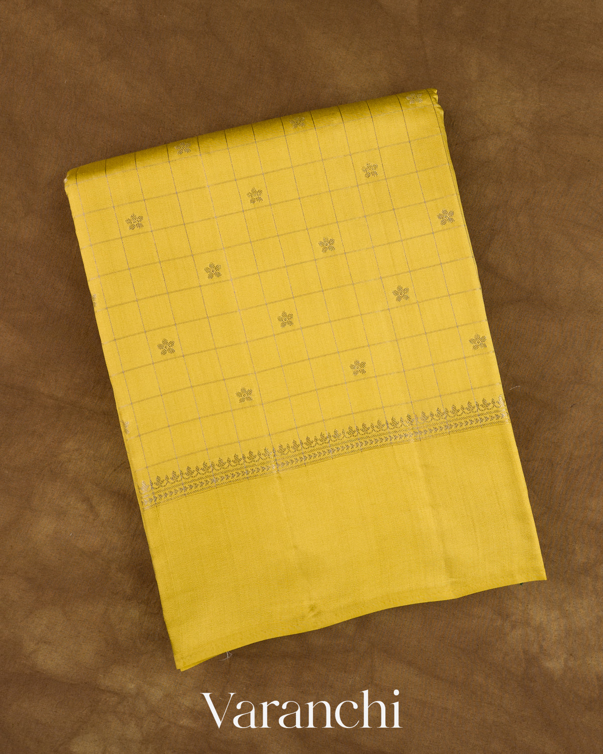 Olive Yellow Checkered Pure Chiniya Silk Saree — Folded