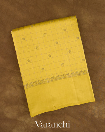Olive Yellow Checkered Pure Chiniya Silk Saree — Folded