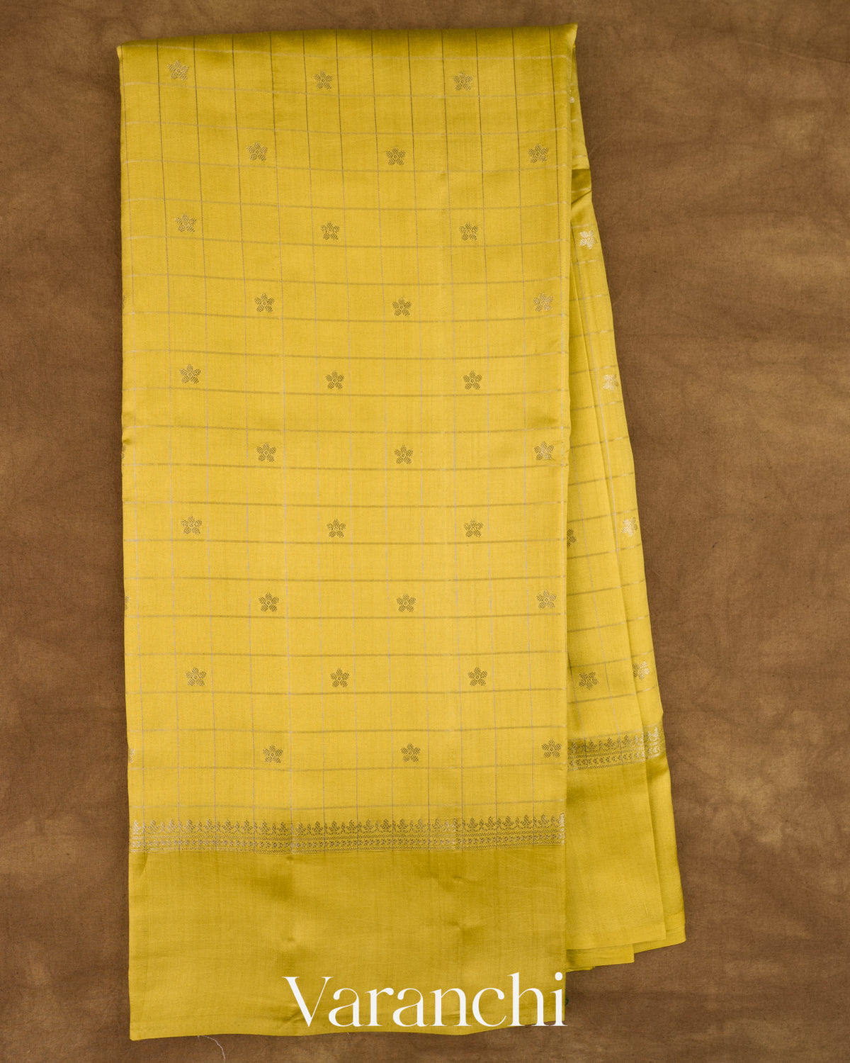 Olive Yellow Checkered Pure Chiniya Silk Saree — Full Saree