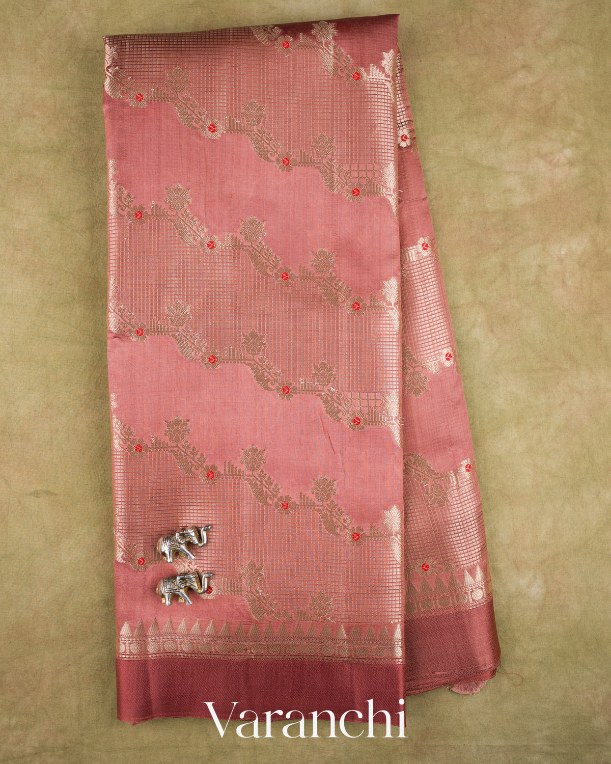 Dusty Rose Lehariya Pure Moonga Silk Saree — Full Saree