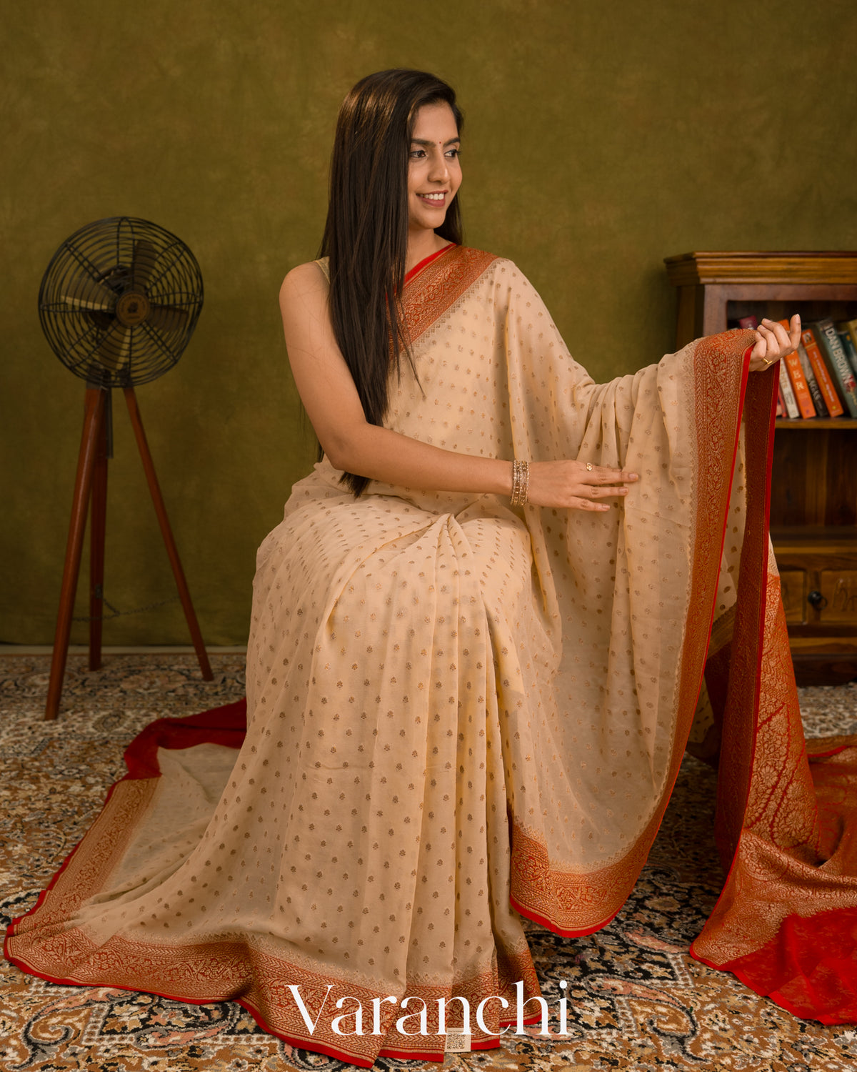 Ivory Pure Khaddi Georgette Silk Handloom Saree — Draped