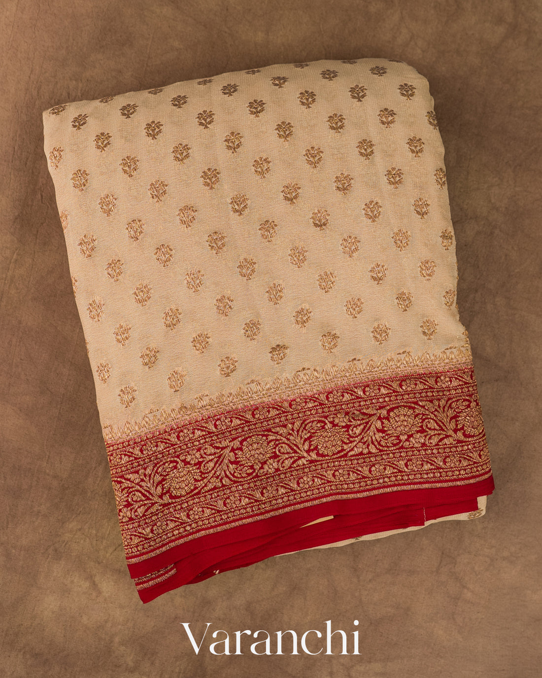 Beige Pure Khaddi Georgette Silk Handloom Saree — Folded