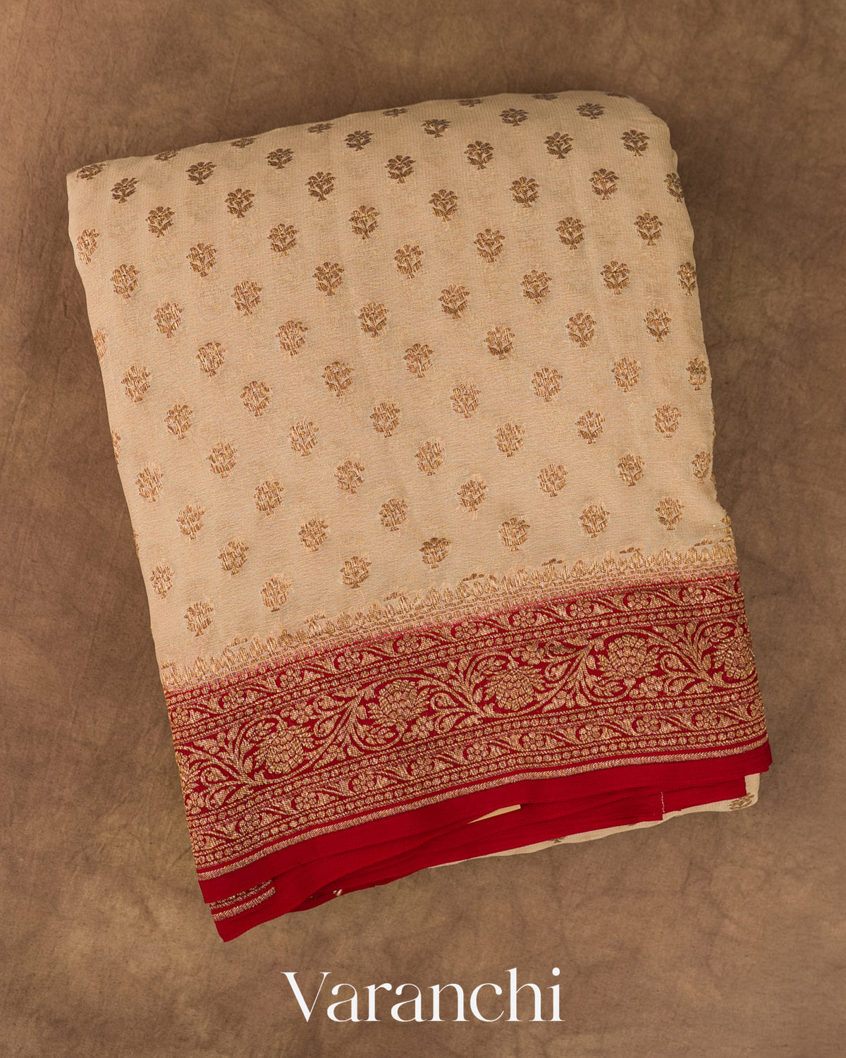 Beige Pure Khaddi Georgette Silk Handloom Saree — Folded