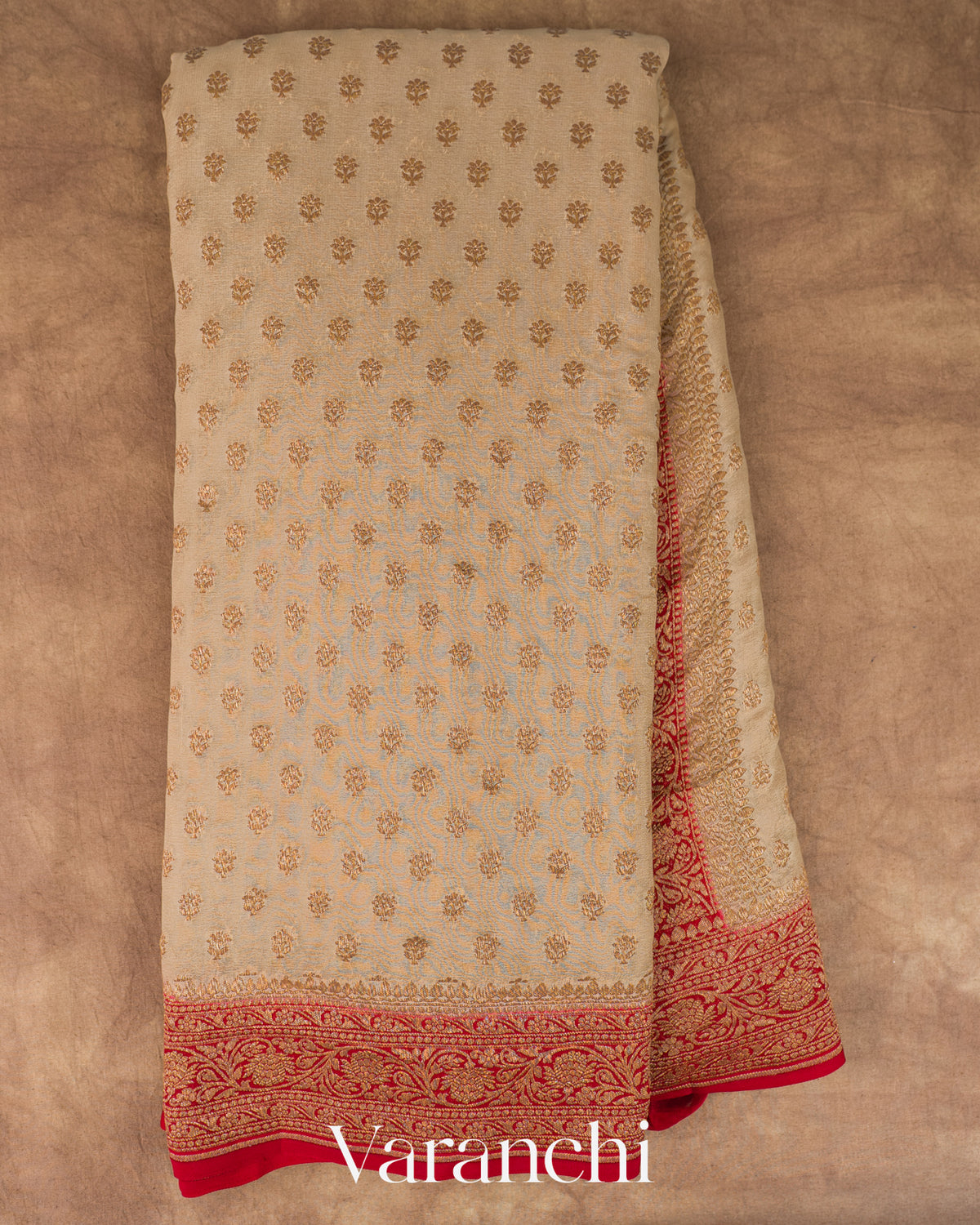 Beige Pure Khaddi Georgette Silk Handloom Saree — Full Saree