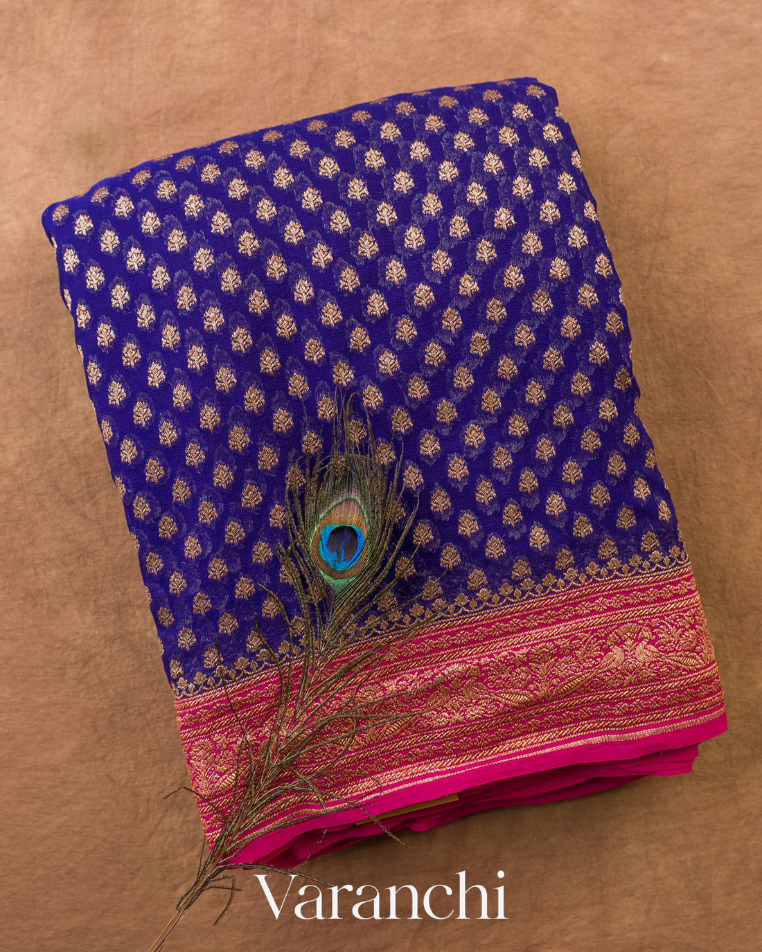 Navy Blue Pure Khaddi Georgette Silk Saree — Folded
