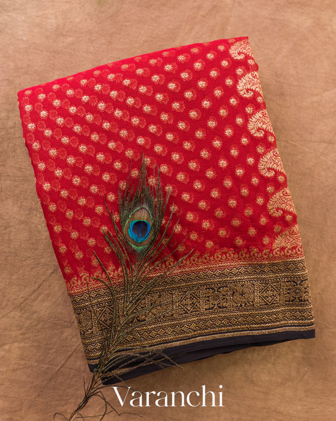 Ruby Red Pure Khaddi Georgette Silk Saree — Folded