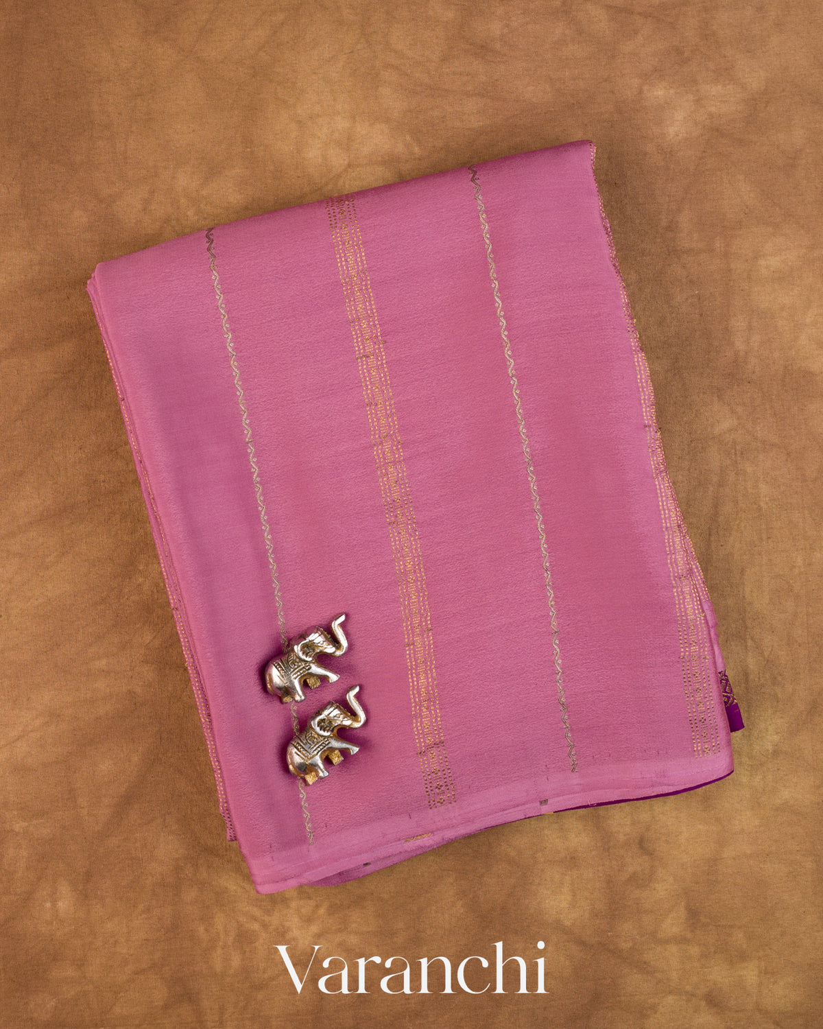 Mauve Pink Striped Pure Mysore Crepe Silk Saree — Folded