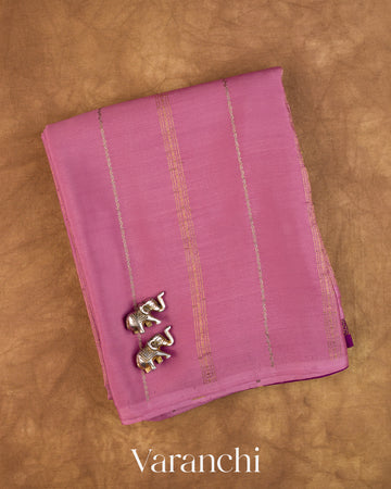 Mauve Pink Striped Pure Mysore Crepe Silk Saree — Folded