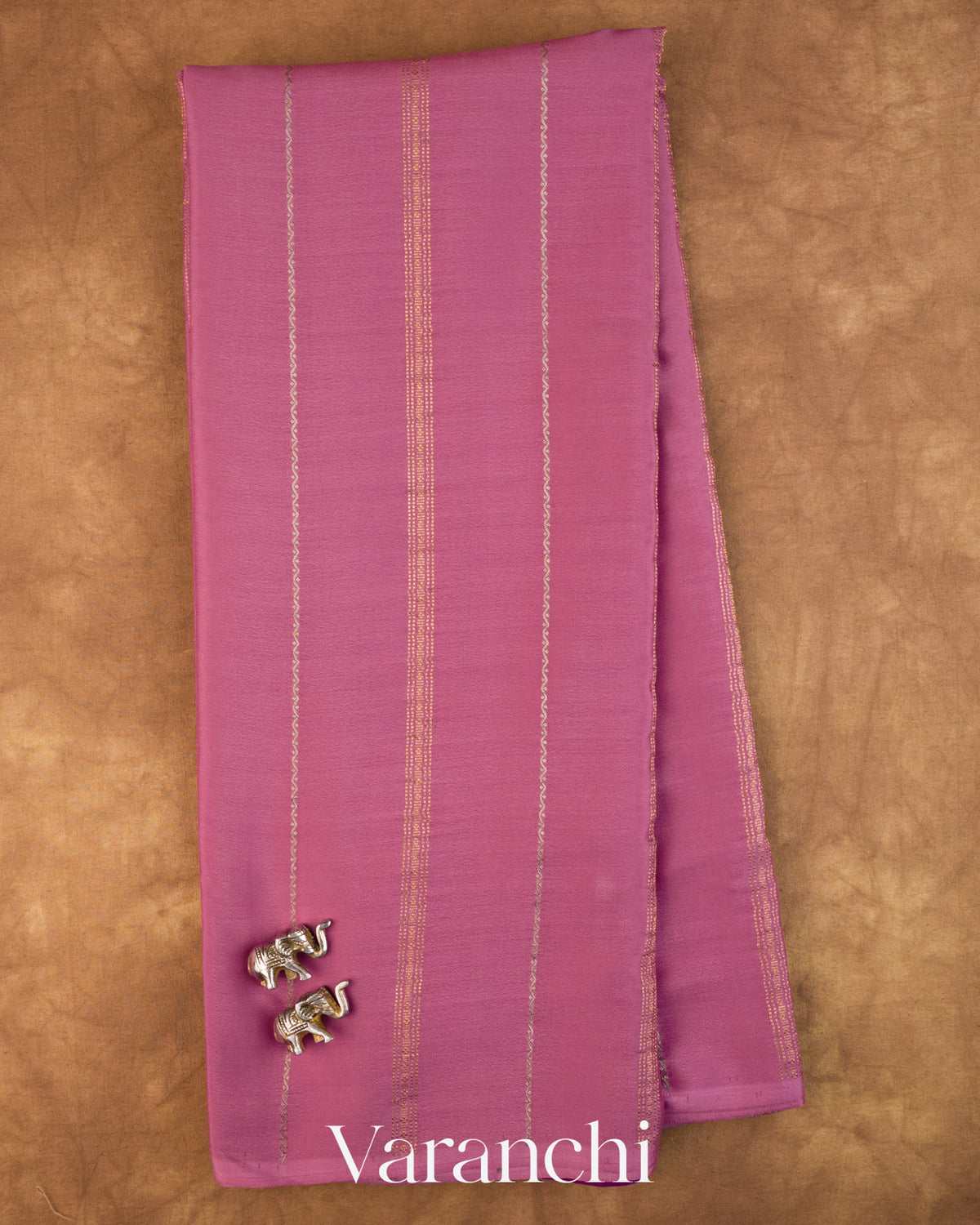Mauve Pink Striped Pure Mysore Crepe Silk Saree — Full Saree