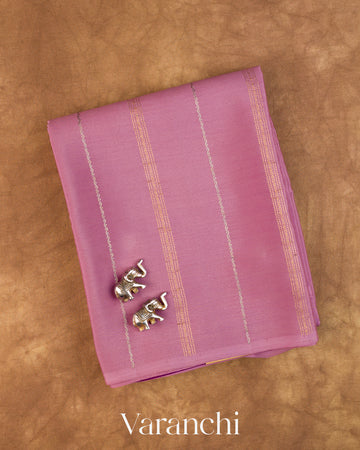 Mauve Pink Striped Pure Mysore Crepe Silk Saree — Folded