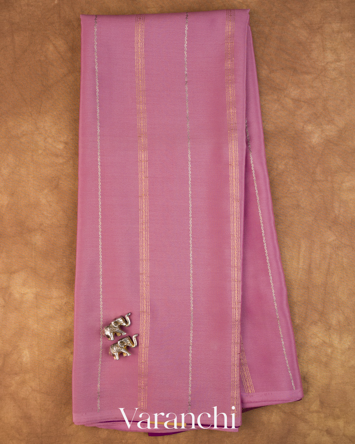 Mauve Pink Striped Pure Mysore Crepe Silk Saree — Full Saree