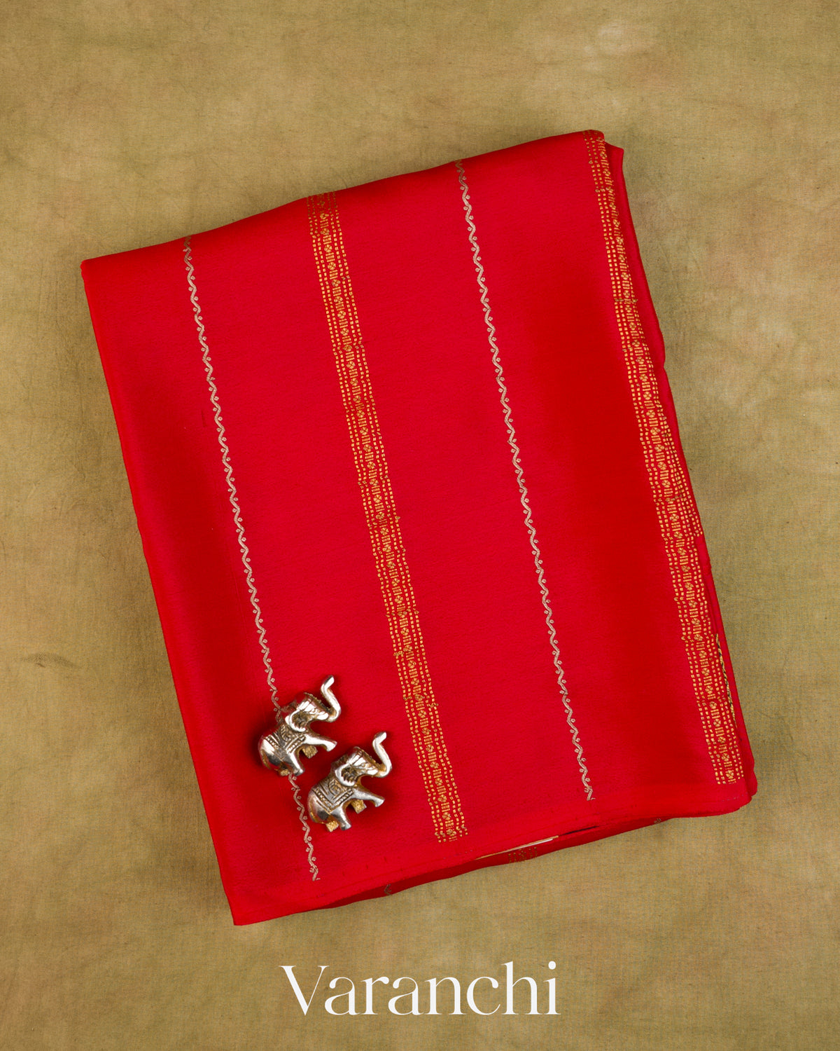 Bright Red Sona Rupa Striped Pure Mysore Crepe Silk Saree — Folded