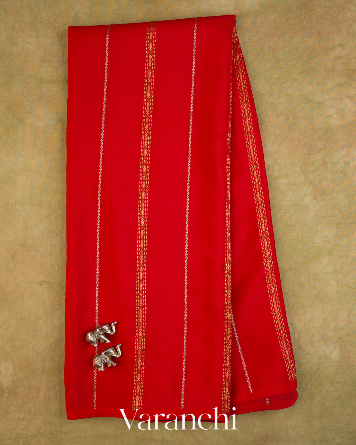 Bright Red Sona Rupa Striped Pure Mysore Crepe Silk Saree — Full Saree