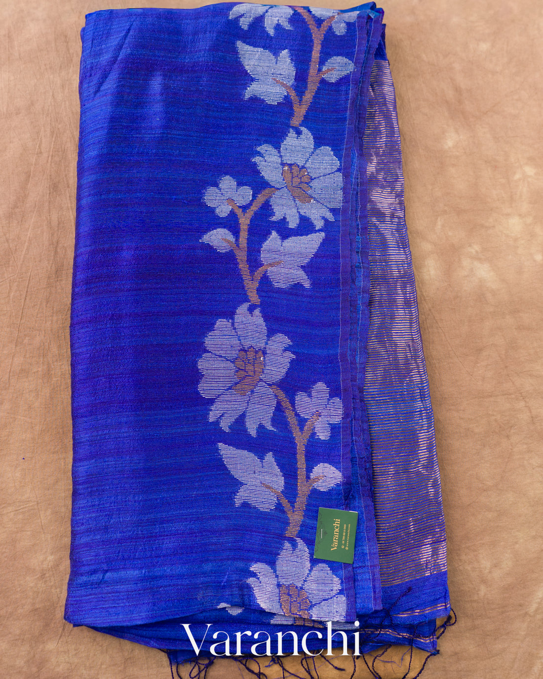 Royal Blue Floral Jamdani Pure Matka Silk Handloom Saree — Full Saree