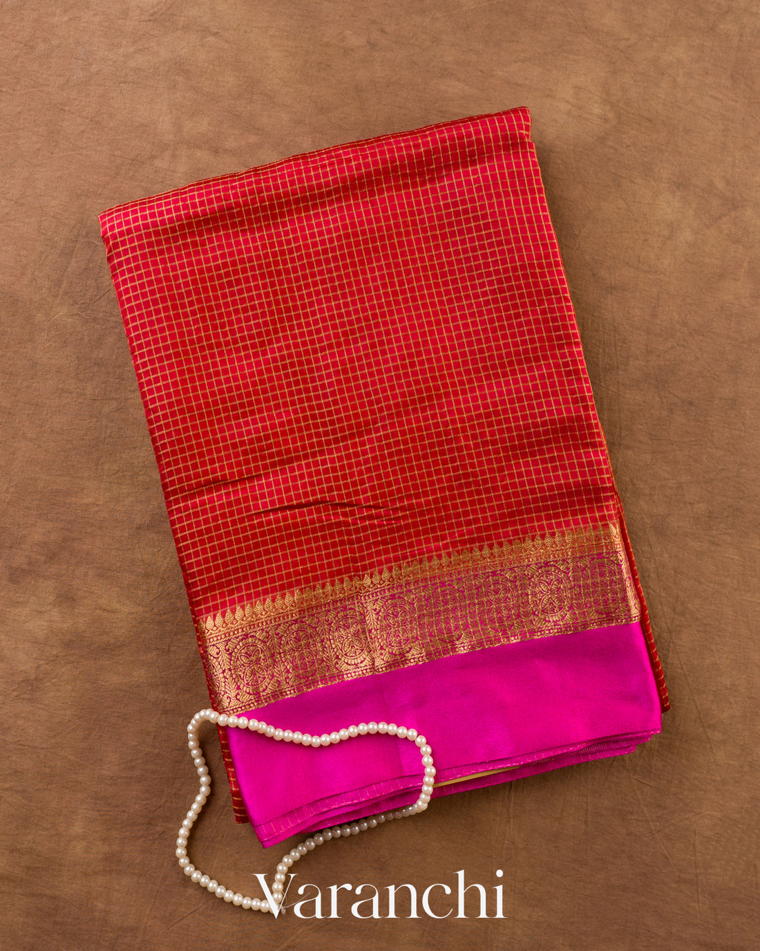 Vermillion Red Checkered Pure Katan Silk Saree — Folded