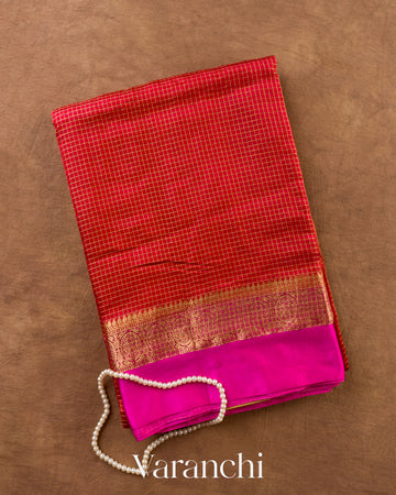 Vermillion Red Checkered Pure Katan Silk Saree — Folded