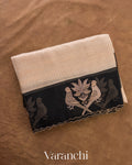 Beige Bird Embroidered Pure Kora Silk Saree — Folded
