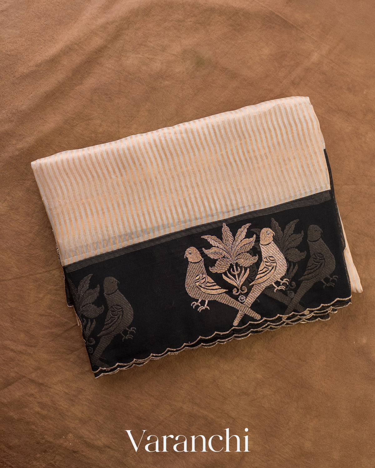 Beige Bird Embroidered Pure Kora Silk Saree — Folded
