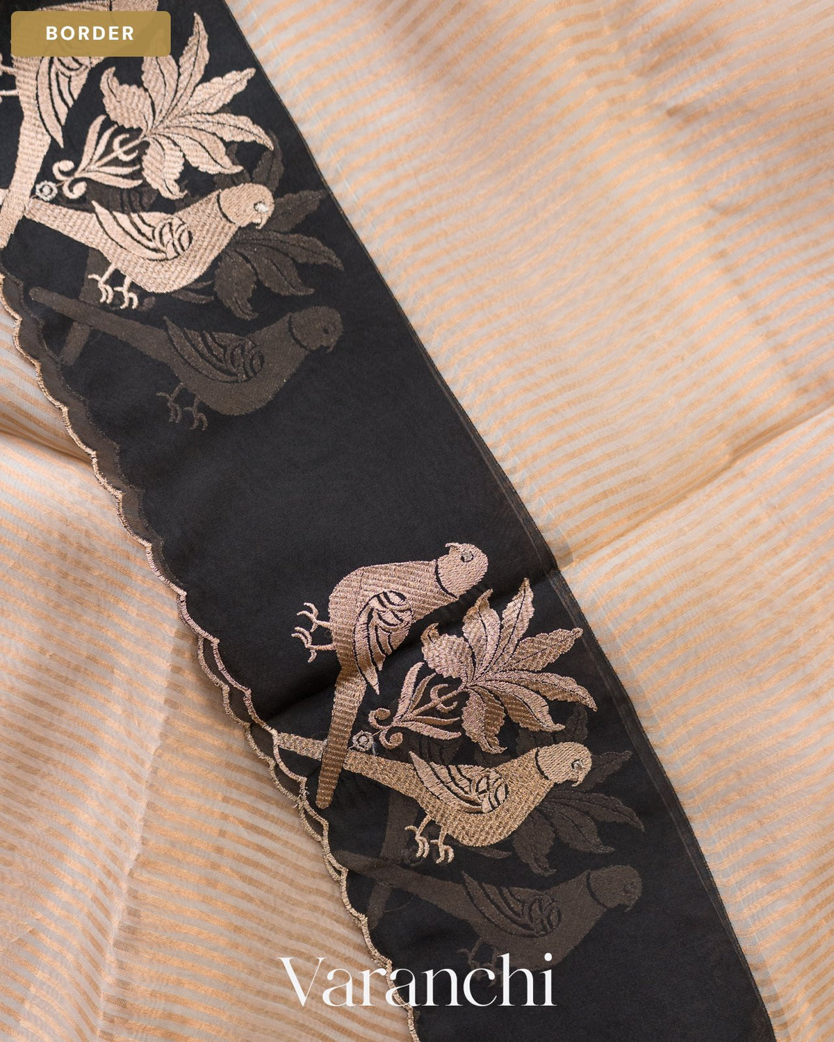 Beige Bird Embroidered Pure Kora Silk Saree — Border
