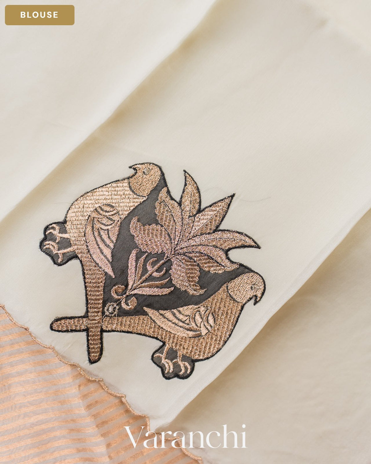Beige Bird Embroidered Pure Kora Silk Saree — Blouse
