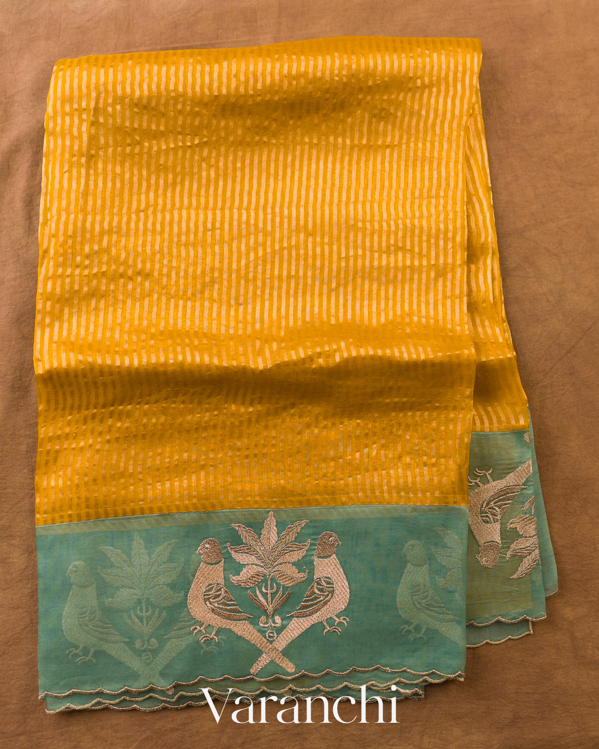Deep Mango Yellow Bird Embroidered Pure Kora Silk Saree — Full Saree