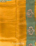 Deep Mango Yellow Bird Embroidered Pure Kora Silk Saree — Pallu