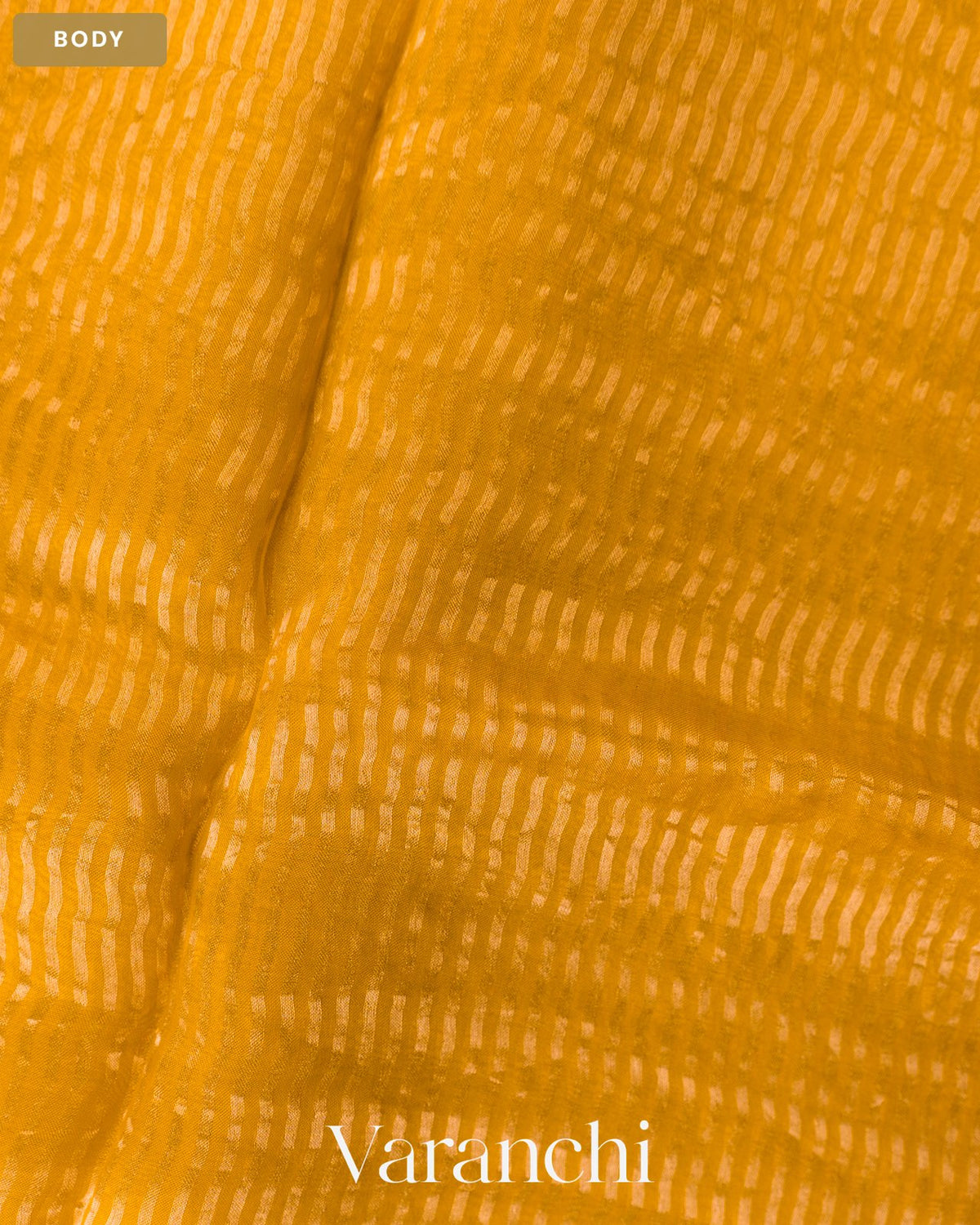Deep Mango Yellow Bird Embroidered Pure Kora Silk Saree — Body